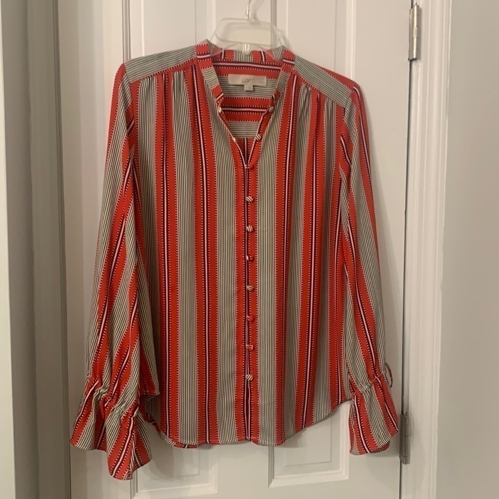 Loft MP blouse stripe red black white and olive 100 polyester pretty sleeve